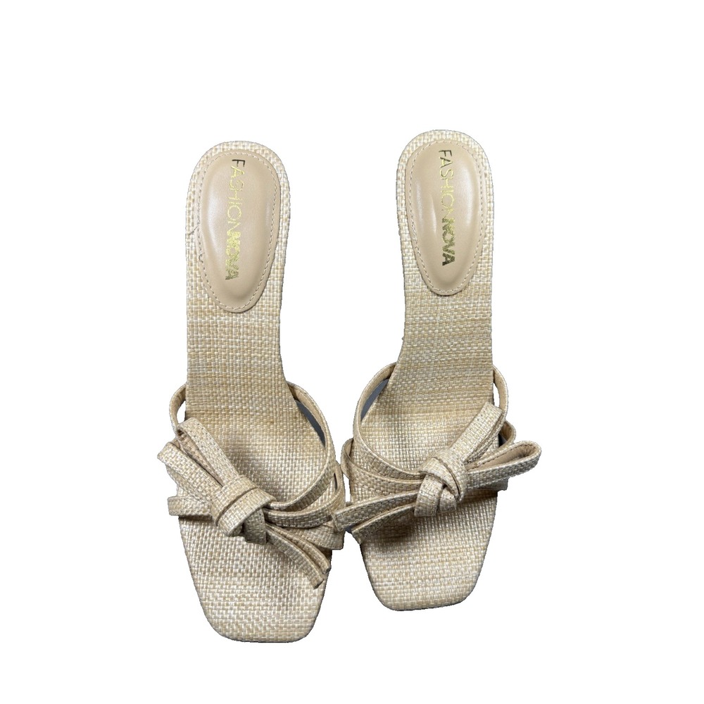 Fashion Nova Women's Raffia Bow Strap Heeled Sandals Size 7.5 Beige Square toe
